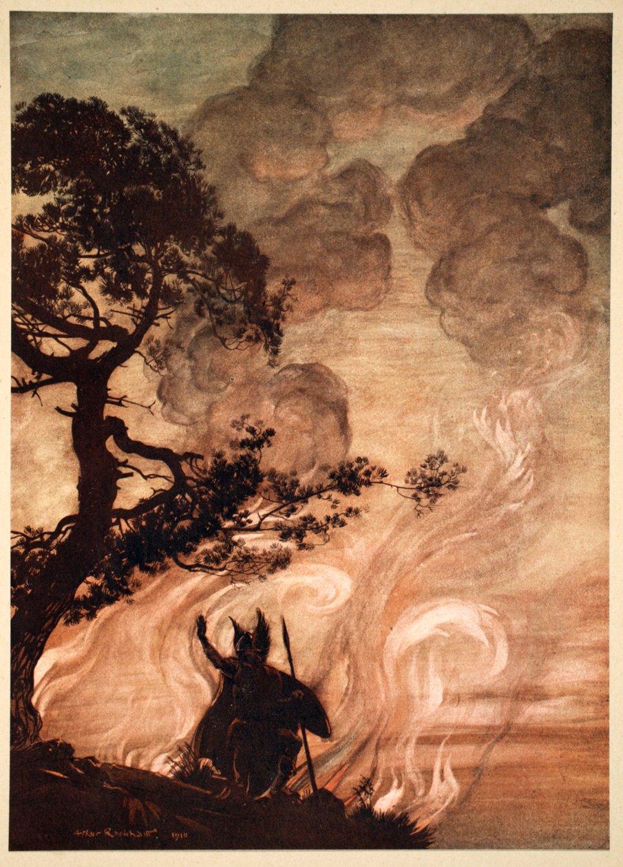 "När han sakta rör sig bort, vänder sig Wotan om och ser sorgset tillbaka på Brunnhilde", 1910. av Arthur Rackham