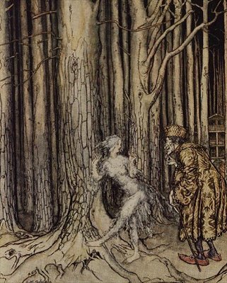 Äntligen träffade hon brudgummen som sakta kom tillbaka, illustration till Fitchers Bird från Little Brother, Little Sister av bröderna Grimm, 1917 (wc, penna och bläck) av Arthur Rackham