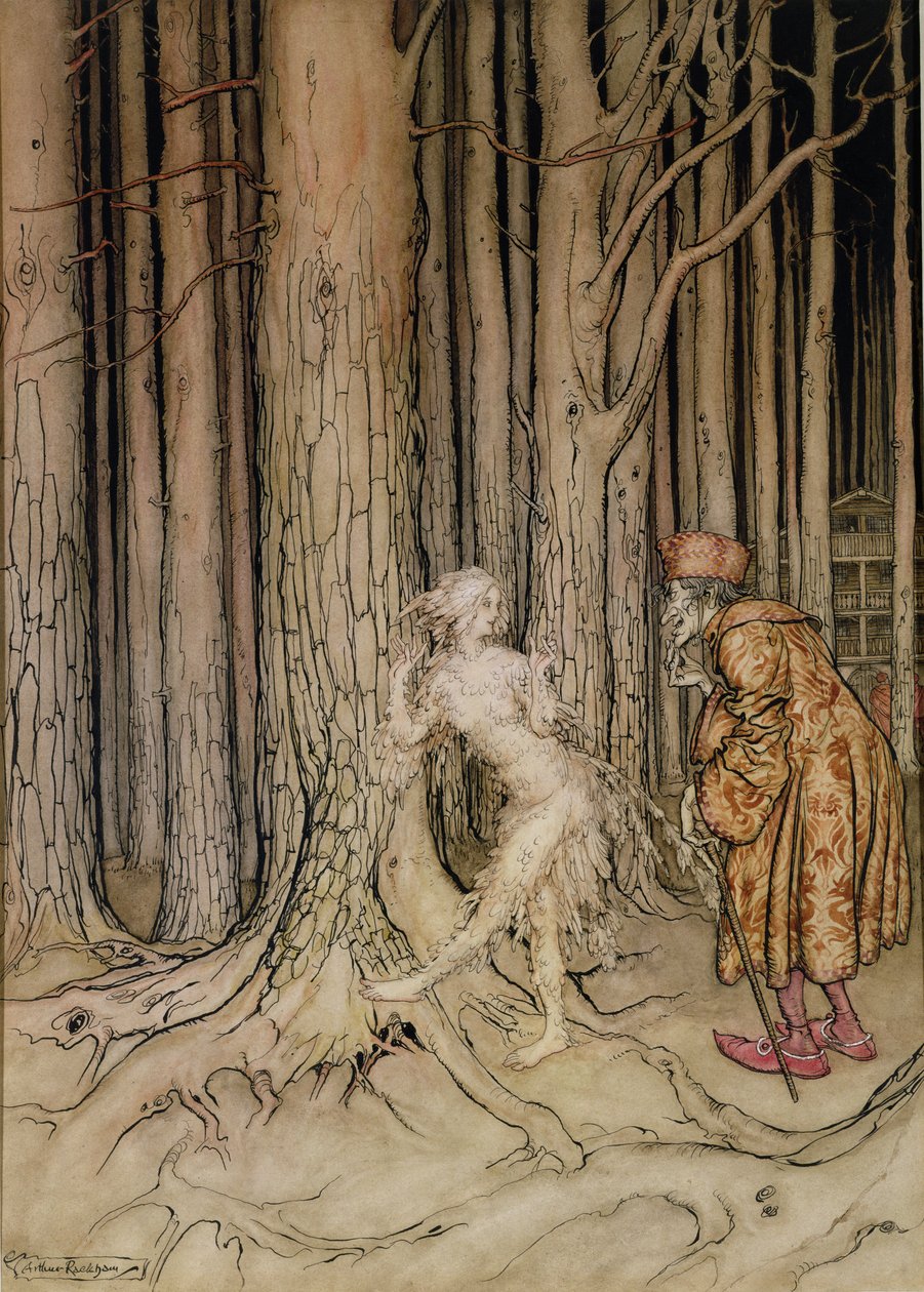 Äntligen träffade hon brudgummen som sakta kom tillbaka, illustration för Fichers Bird, från Little Brother, Little Sister, av bröderna Grimm, 1917 (wc och penna och bläck på papper) (se även 28797) av Arthur Rackham