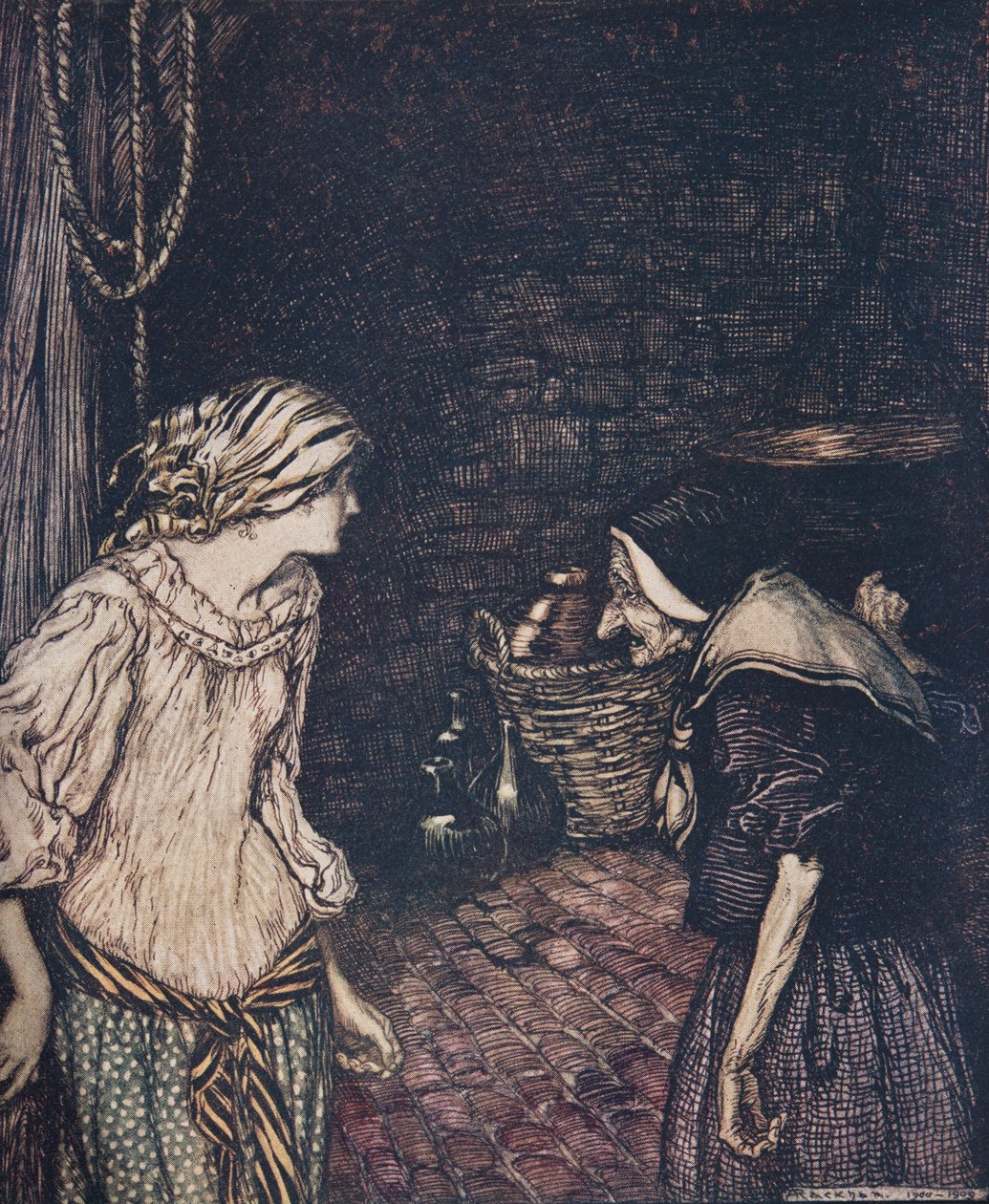 Till sist nådde hon källaren och där hittade hon en gammal, gammal kvinna med skakande huvud... från Bröderna Grimms sagor, pub. 1909 av Arthur Rackham