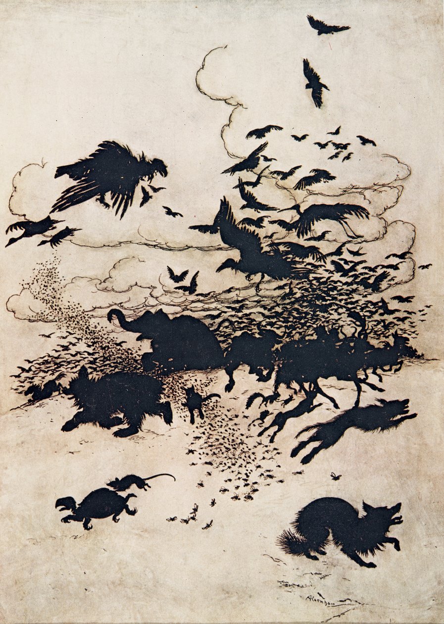 Vid det tredje sticket skrek räven och ner gick svansen mellan benen..., från Bröderna Grimms sagor, pub. 1909 av Arthur Rackham