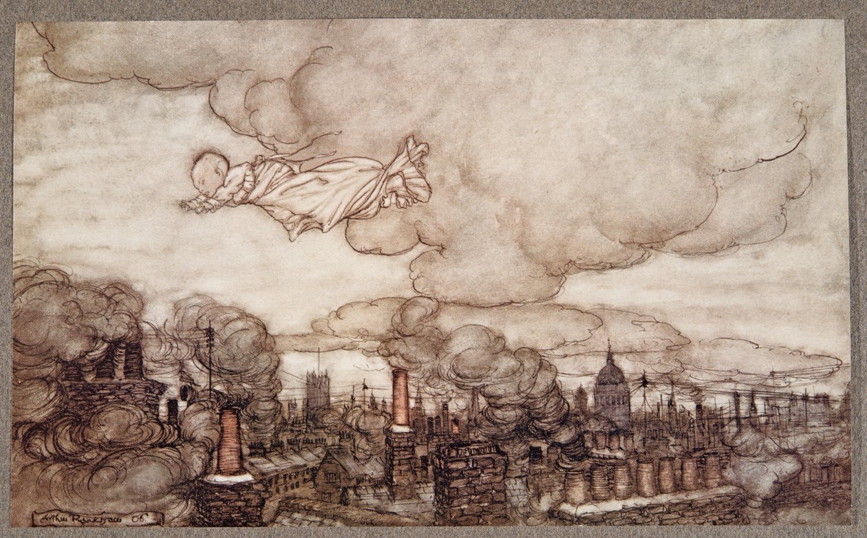Bort flög han rakt över husen till Gardens, från Peter Pan i Kensington Gardens av J M Barrie (1860 - 1937), pub. 1906 av Arthur Rackham