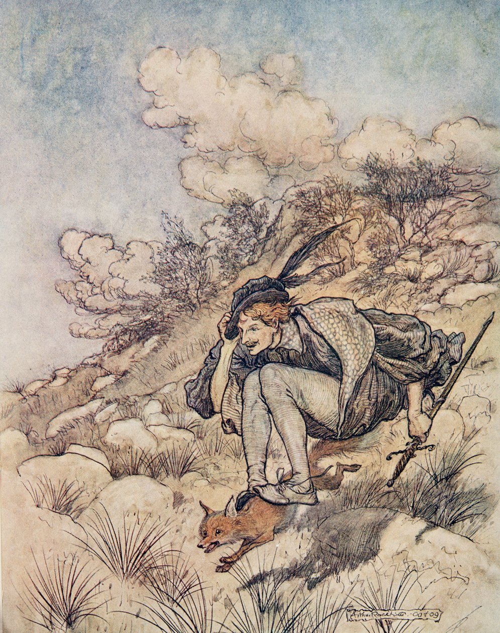 Iväg flög de över stock och sten, i en sådan takt att håret visslade i vinden, från Bröderna Grimms sagor, pub. 1909 av Arthur Rackham