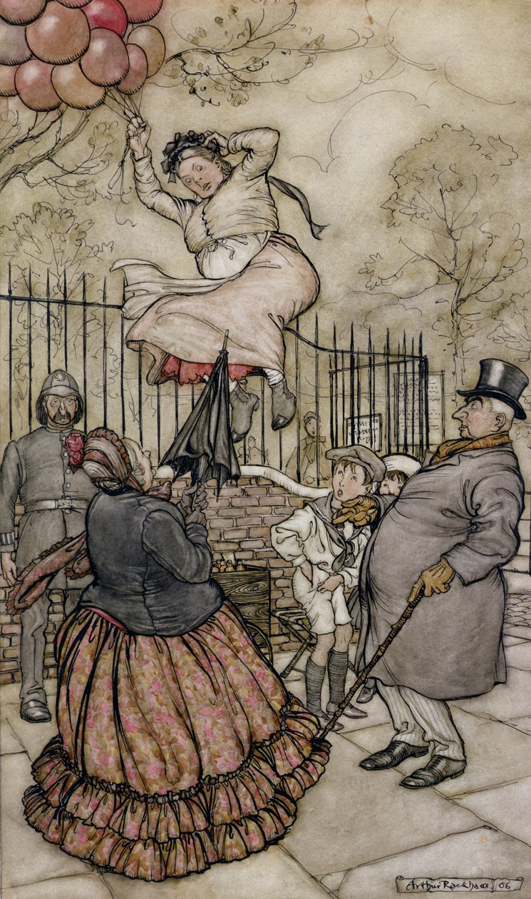 Ballonger, illustration från Peter Pan i Kensington Gardens, av J.M Barrie, publicerad 1906 (penna och bläck & wc på papper) av Arthur Rackham