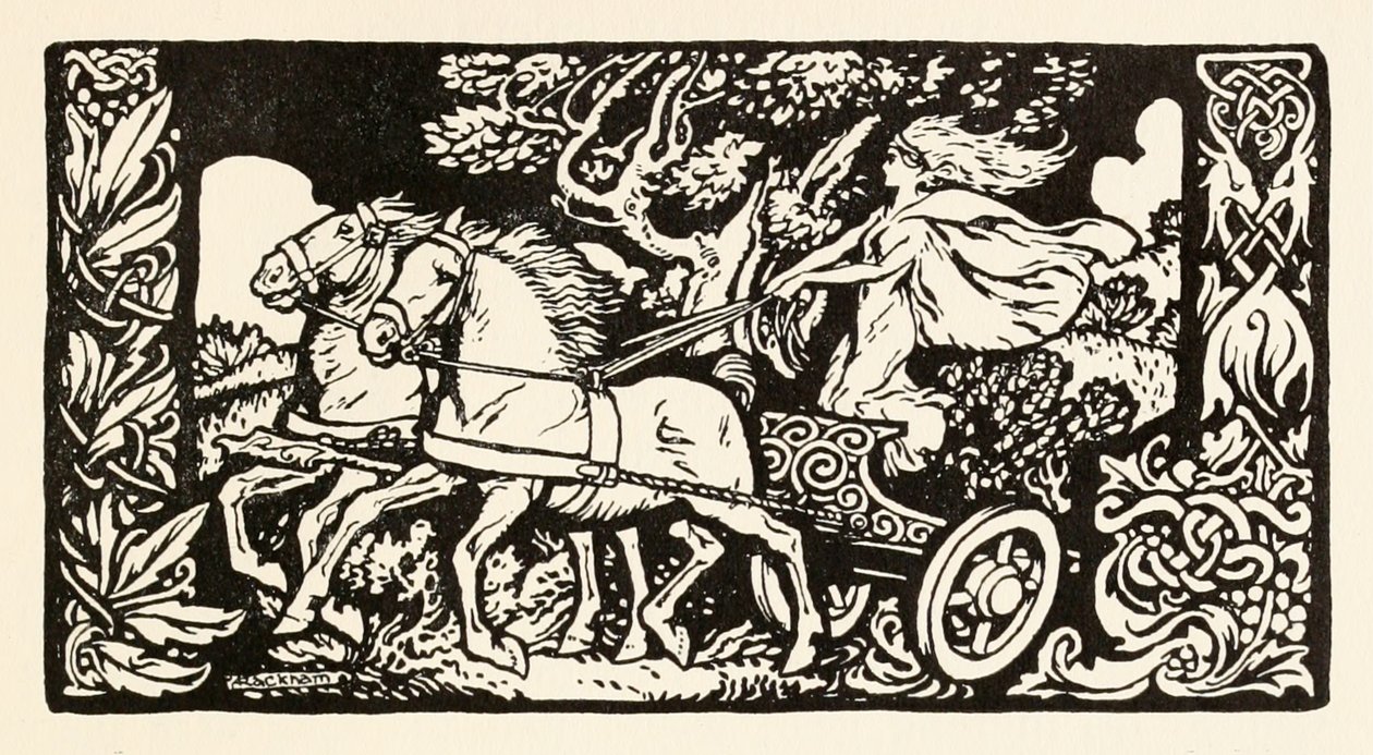Becfola i sin vagn från The Wooing of Becfola in Irish Fairy Tales av Arthur Rackham