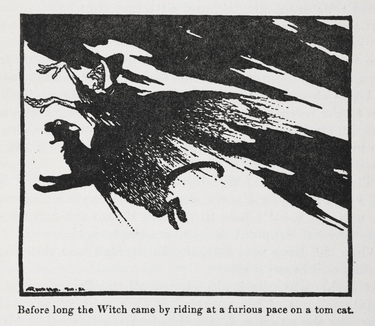 Snart kom häxan genom att åka i rasande fart på en katt. av Arthur Rackham