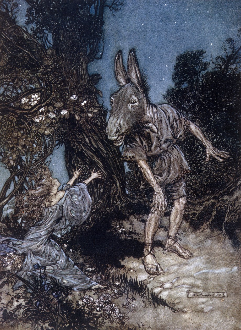 Botten den åsnehövdade mannen och Titania avgiftens drottning. Illustration av Arthur RACKHAM (1867-1939) för The Dream of a Summer Night av William SHAKESPEARE av Arthur Rackham