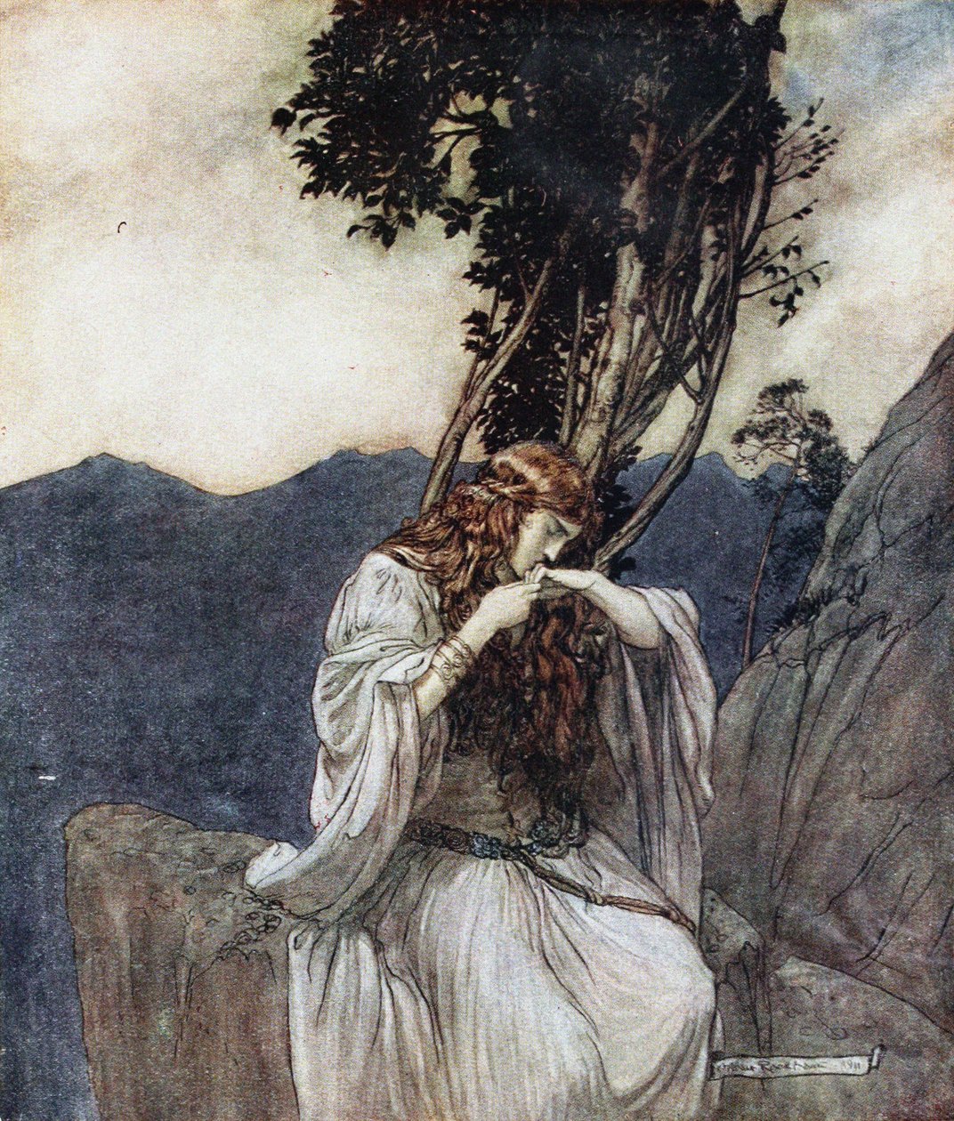 Brünnhilde kysser ringen som Siegfried har lämnat hos henne. Illustration för Siegfried and The Twi av Arthur Rackham
