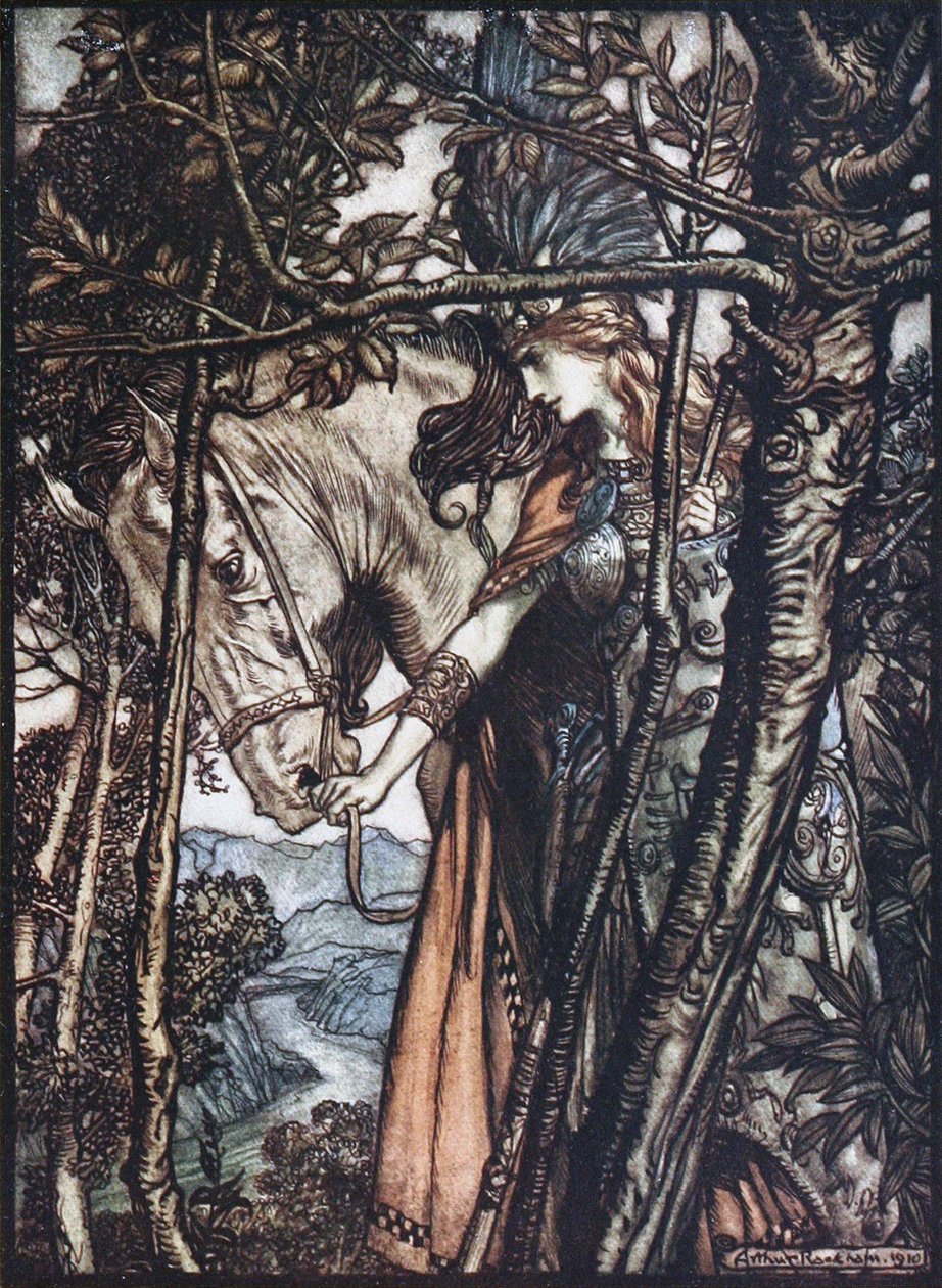 Brünnhilde leder sin häst vid tränsen. Illustration till Rhinegold och Valkyrien av Richa av Arthur Rackham