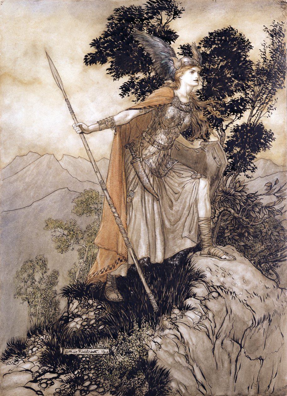 Brunhilde, illustration från Rhinegold and the Valkyrie av Richard Wagner, 1910 (penna & bläck, wc på papper) av Arthur Rackham