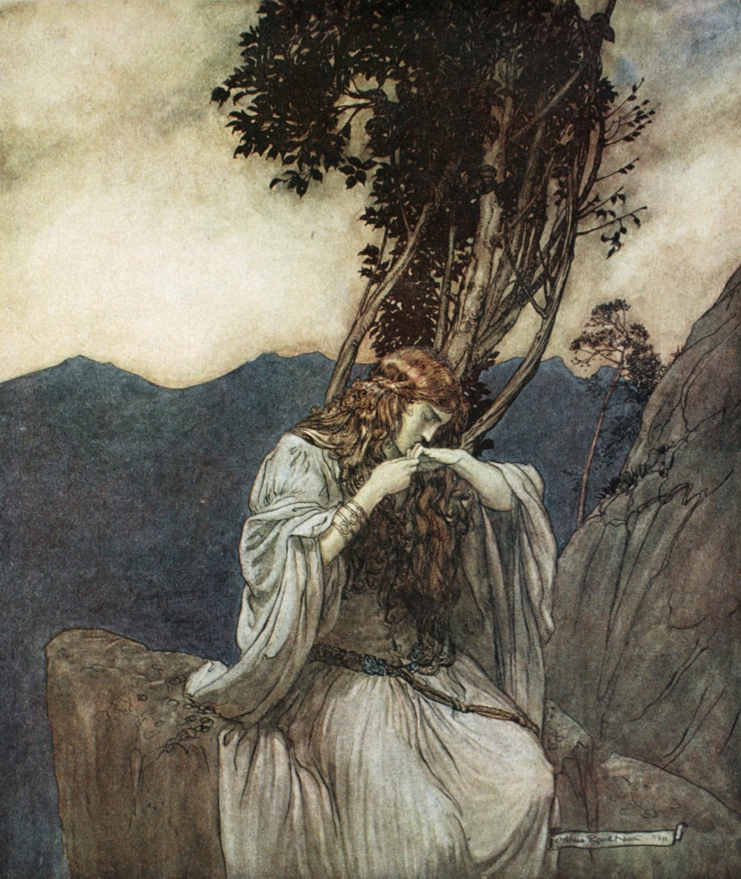 "Brunnhilde kysser ringen som Siegfried har lämnat med henne", 1924. av Arthur Rackham