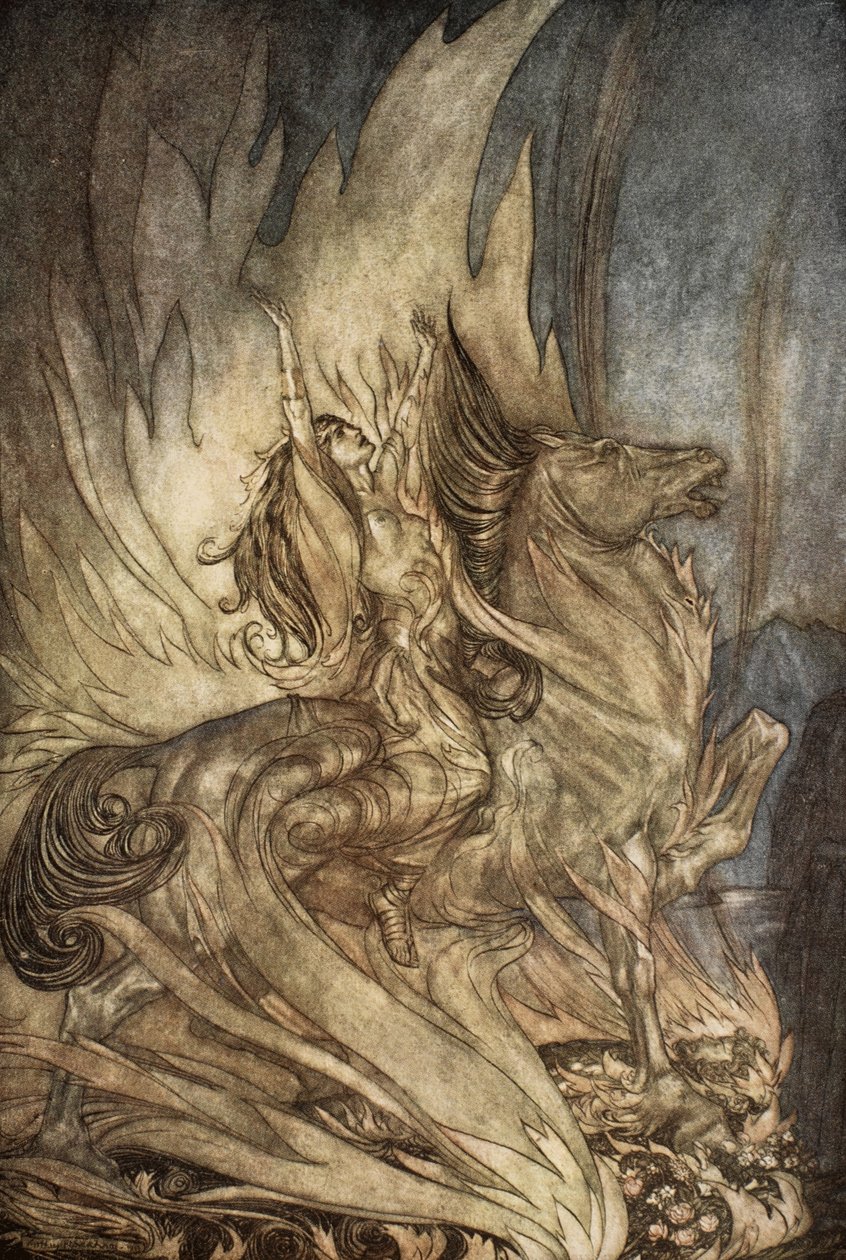Brunnhilde på Grane hoppar vidare till Siegfrieds begravningsbål, illustration från "Siegfried and the Twilight of the Gods" av Arthur Rackham
