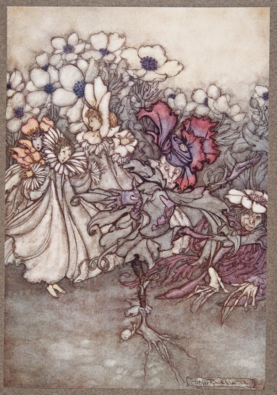 Men om du tittar, och de fruktar att det inte finns tid att gömma sig, står de helt stilla och låtsas vara blommor, från Peter Pan i Kensington Gardens av J M Barrie (1860 - 1937), pub. 1906 av Arthur Rackham