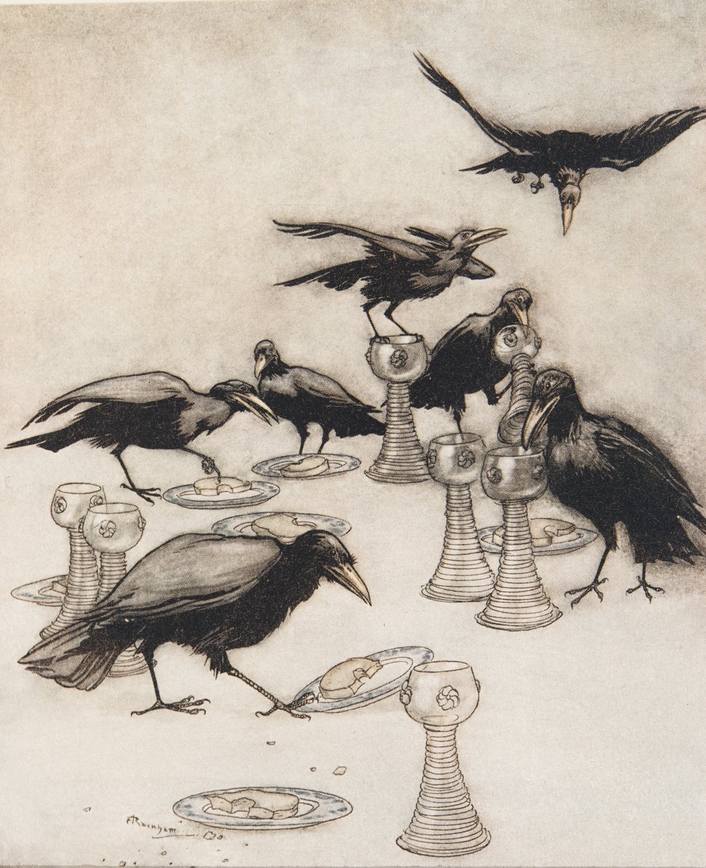 Men de sa en efter en Halloa! Vem har ätit av min tallrik? Vem har druckit ur min kopp? från Sagorna om bröderna Grimm, pub. 1909 av Arthur Rackham