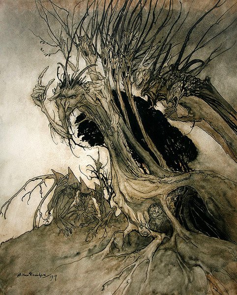 "Calling shapes and beckoning shadows dire", från "Comus" av Milton av Arthur Rackham