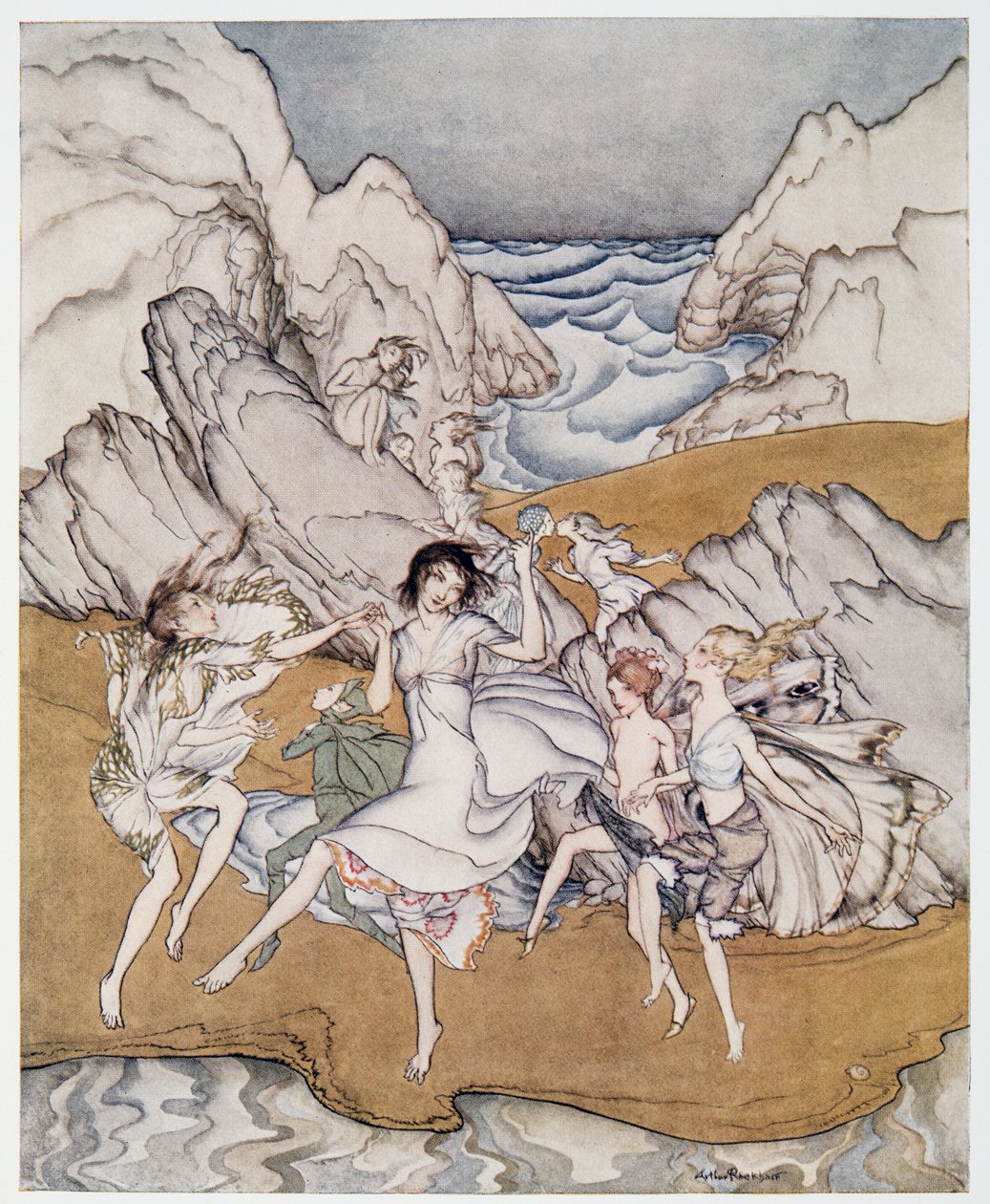 Kom till den här gula sandillustrationen från William Shakespeares The Tempest, pub. 1926 av Arthur Rackham