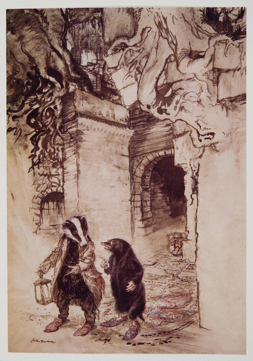 När de korsade hallen passerade de en av de viktigaste tunnlarna, från Wind in the Willows av Kenneth Grahame (1859 - 1932), pub. 1940 av Arthur Rackham