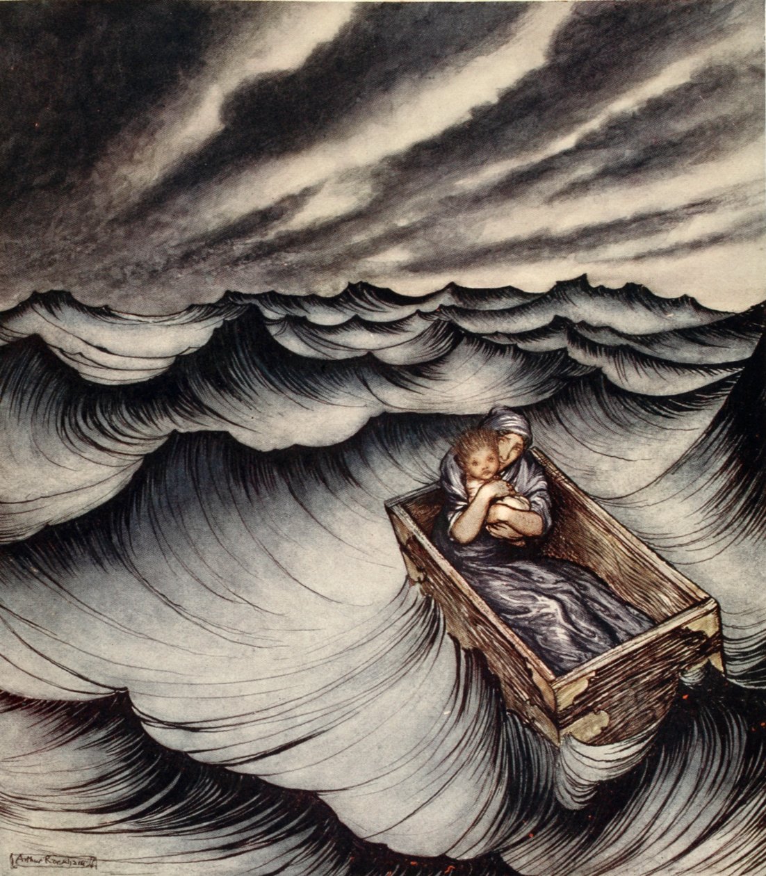Danae klappade sitt barn hårt, illustration från "A Wonder Book for Girls and Boys" av Nathaniel Hawthorne av Arthur Rackham