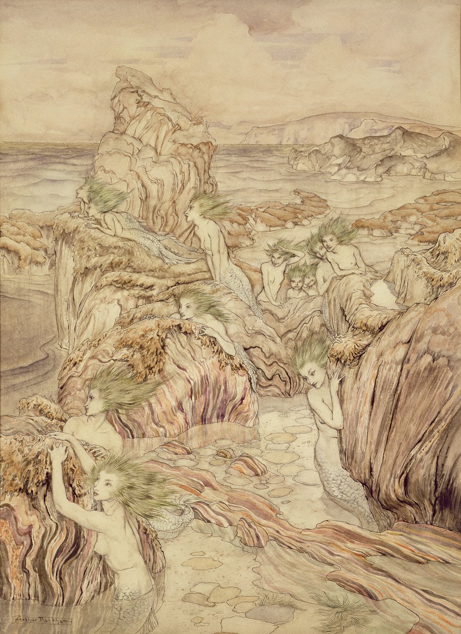 Havets dotter, illustration från De tre gyllene äpplena, av Nathaniel Hawthorne (penna och bläck & wc på papper) av Arthur Rackham