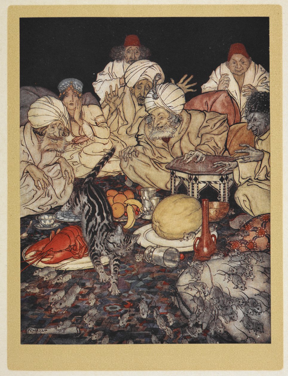 Dick Whittingtons katt rider på morernas kung av sina möss. av Arthur Rackham