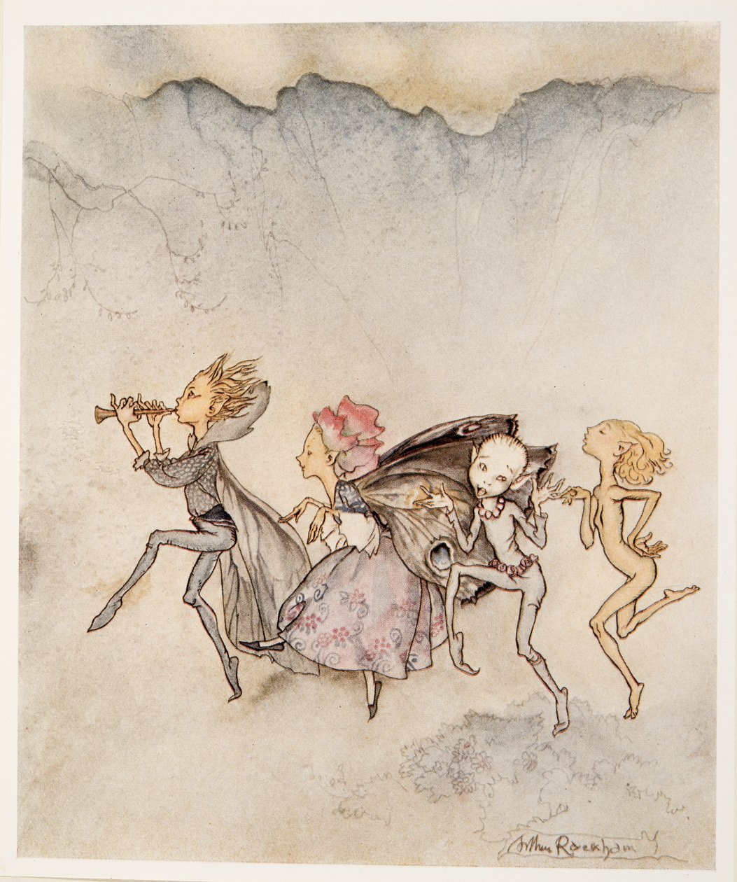 Var och en snubblar på tån och kommer att vara här med mopp och klippa, illustration från William Shakespeares The Tempest, pub. 1926 av Arthur Rackham