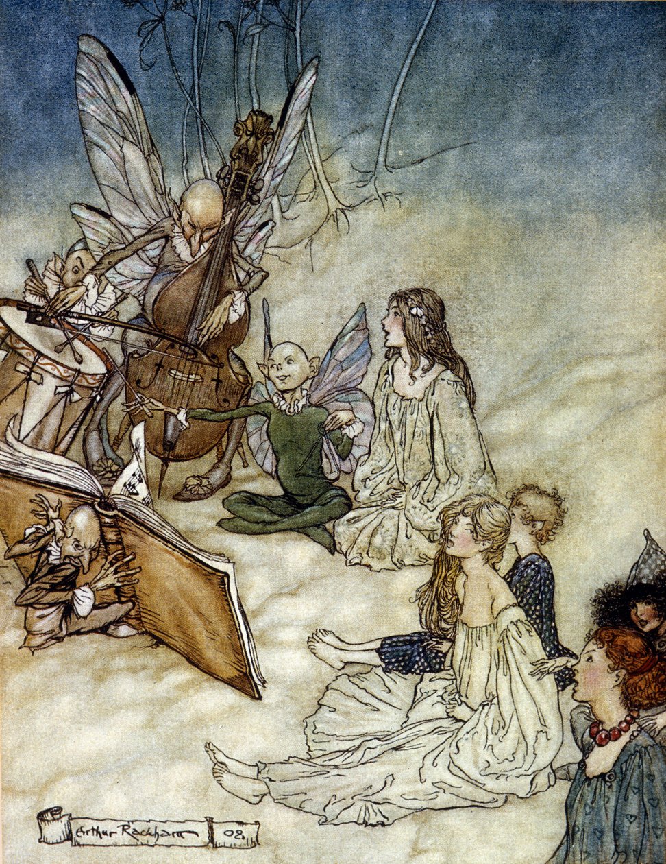Elves Playing Music Illustration av Arthur RACKHAM (1867-1939) för The Dream of a Summer Night av William SHAKESPEARE av Arthur Rackham