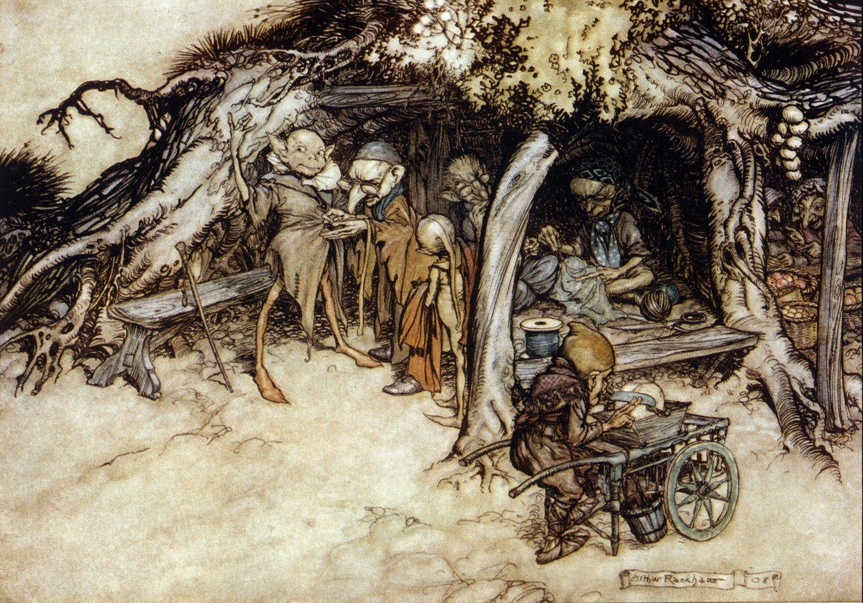 Alver gör en jacka, Illustration av Arthur RACKHAM (1867-1939) för The Dream of a Summer Night av William SHAKESPEARE av Arthur Rackham