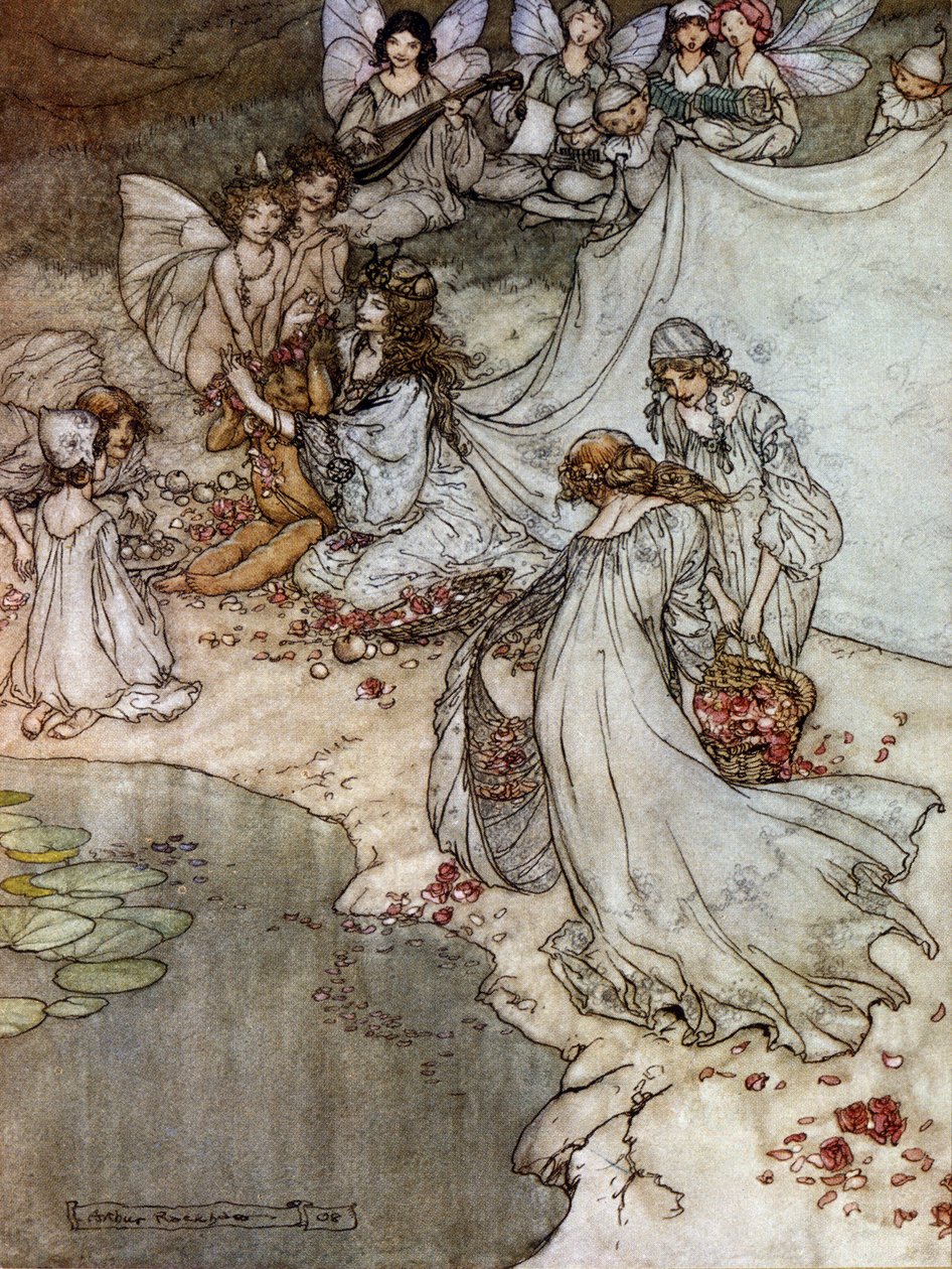 Tomtar som gör rosenhalsband. Illustration av Arthur RACKHAM (1867-1939) för The Dream of a Summer Night av William SHAKESPEARE av Arthur Rackham