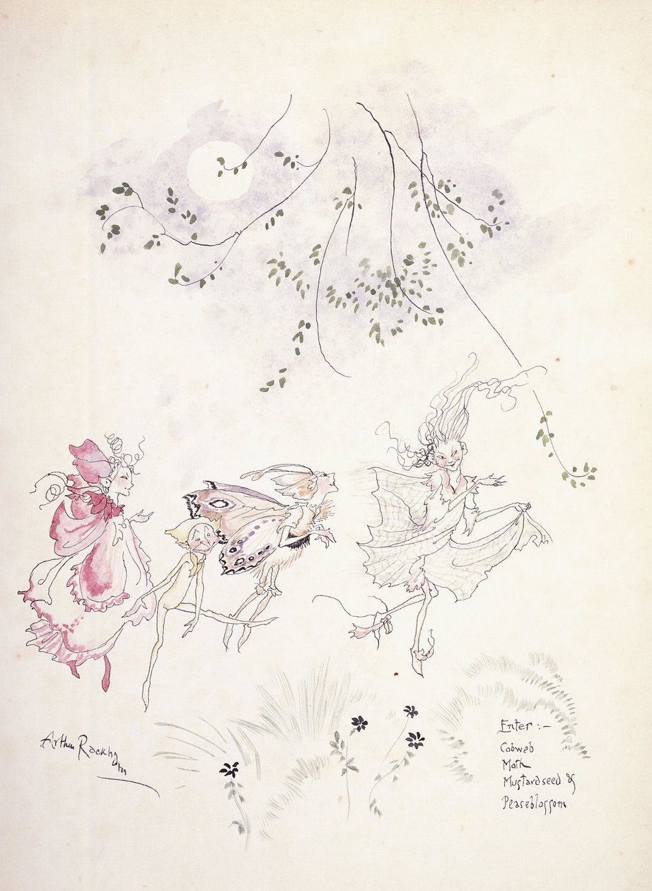 Ange: Spindelnät, Moth, Senapsfrö & Peaseblossom. Illustration till Shakespeares "A Midsommars-Night Dream", c.1908 av Arthur Rackham
