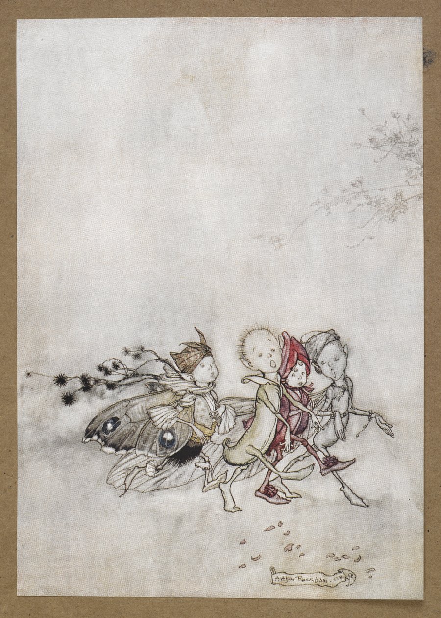 Gå in på Peaseblossom, Cobweb, Moth och Senapsfrö. En scen ur "En midsommarnattsdröm". av Arthur Rackham
