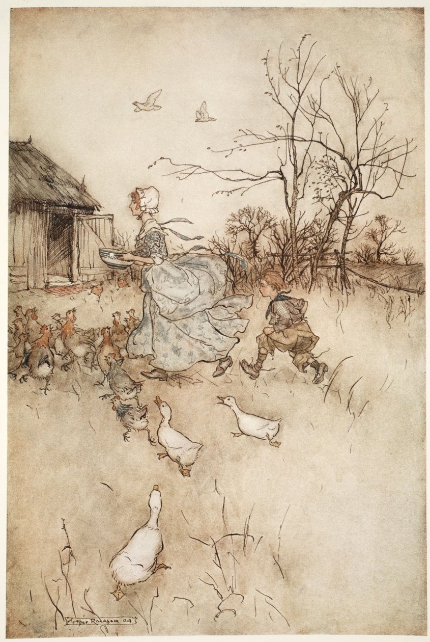 Utrustad i ett par av sina fäder avgjutna galligaskinn som han hade lika mycket reklam att hålla uppe som en fin dam tränar i dåligt väder., från Rip Van Winkle av Washington Irving, pub. 1910 (färg li av Arthur Rackham