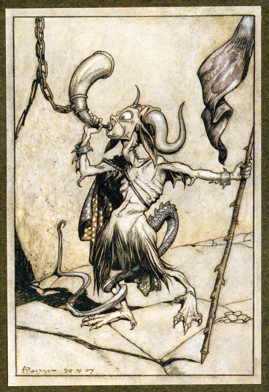 Innan hornet vid porten till Barbican Tower blåstes med en hög tjugo trumpetare kraft, 1907 av Arthur Rackham