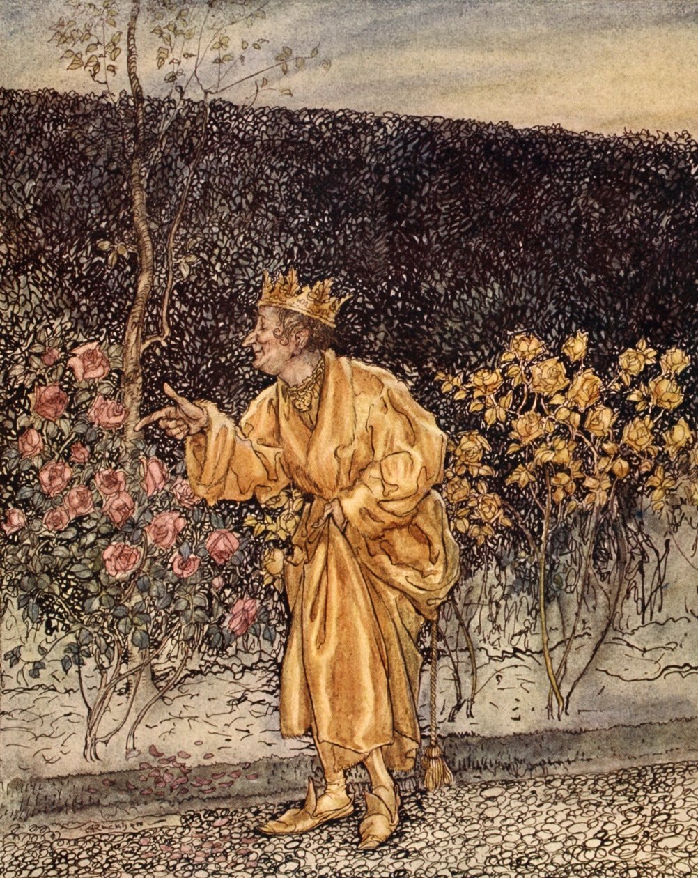 Varje blomma ändrades till guld, illustration från "A Wonder Book for Girls and Boys" av Nathaniel Hawthorne, 1928 av Arthur Rackham