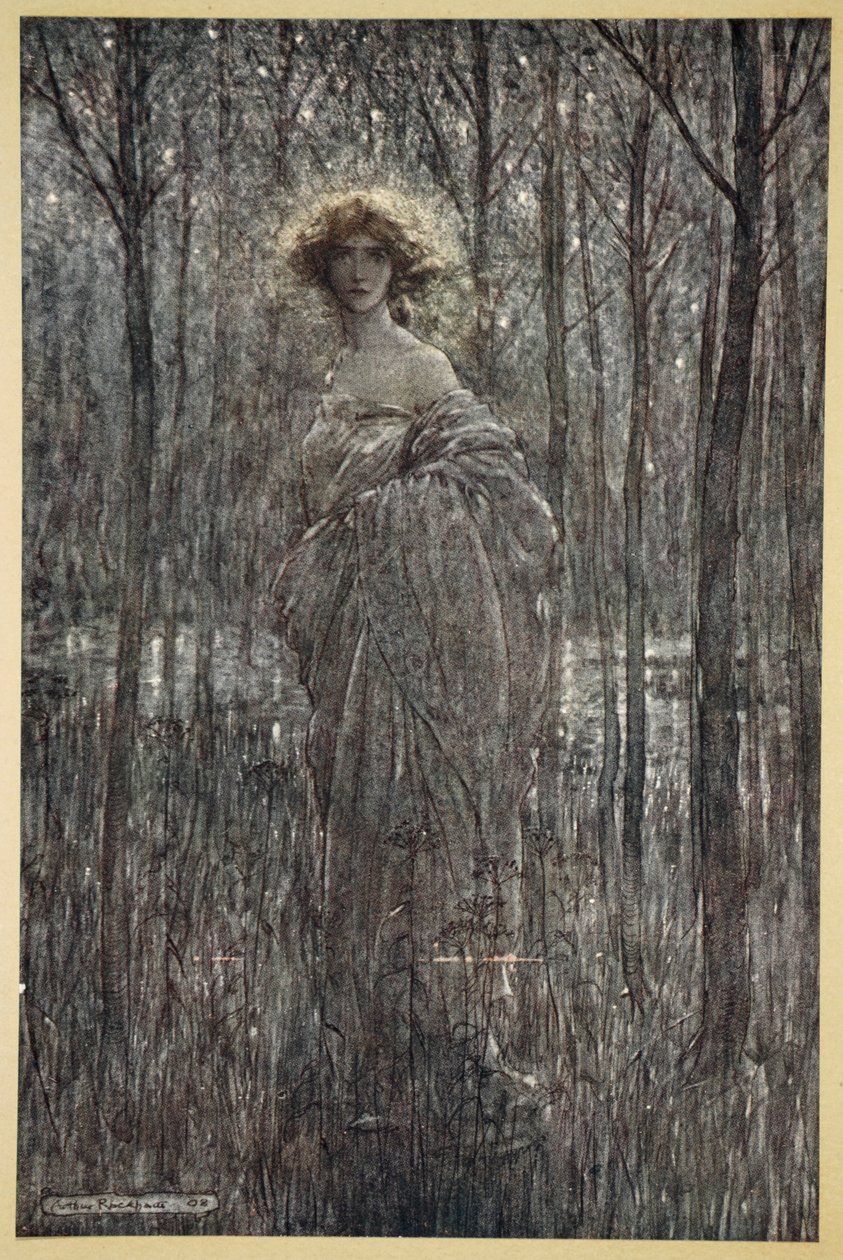 Sköna Helena, vem är mer förtjusande för natten än alla ni eldiga ögon och ljusögon, illustration från "Midsommarnattsdrömmen" av William Shakespeare, 1908. av Arthur Rackham