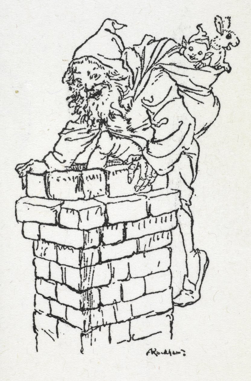 Jultomten klättrar nerför en skorsten med en säck med presenter av Arthur Rackham