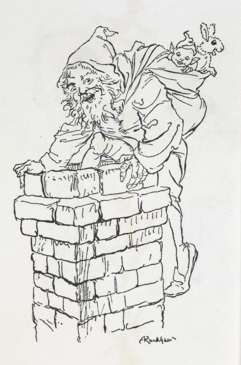 Jultomten klättrar in i en skorsten med presenter av Arthur Rackham