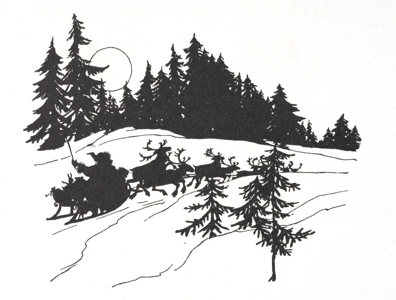 Jultomten reser genom en snöig skog på sin släde av Arthur Rackham