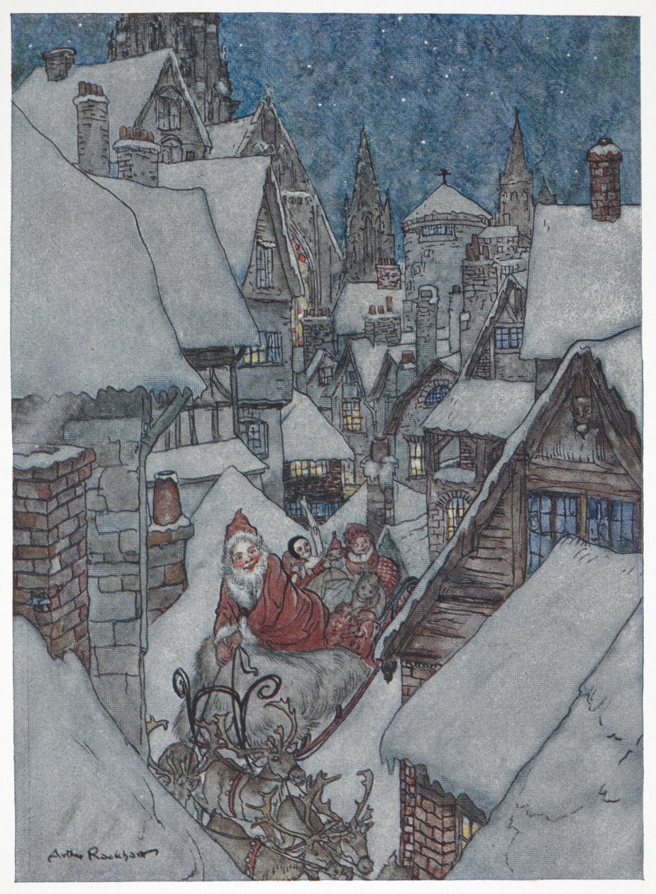 Jultomten reser genom snöiga gator på sin släde av Arthur Rackham