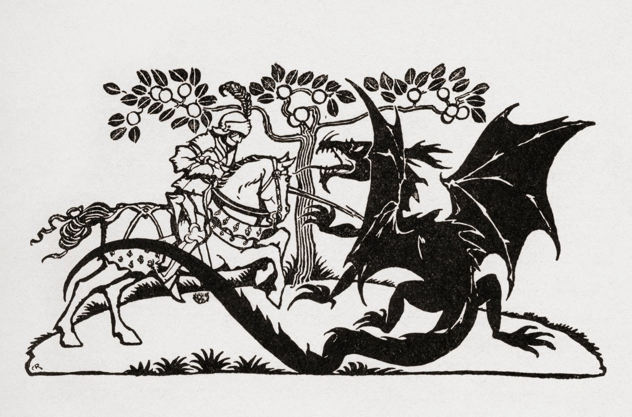 George och draken. Från boken English Fairy Tales återberättade av F.A. Steel med illustrationer av Arthur Rackham, publicerad 1927. av Arthur Rackham