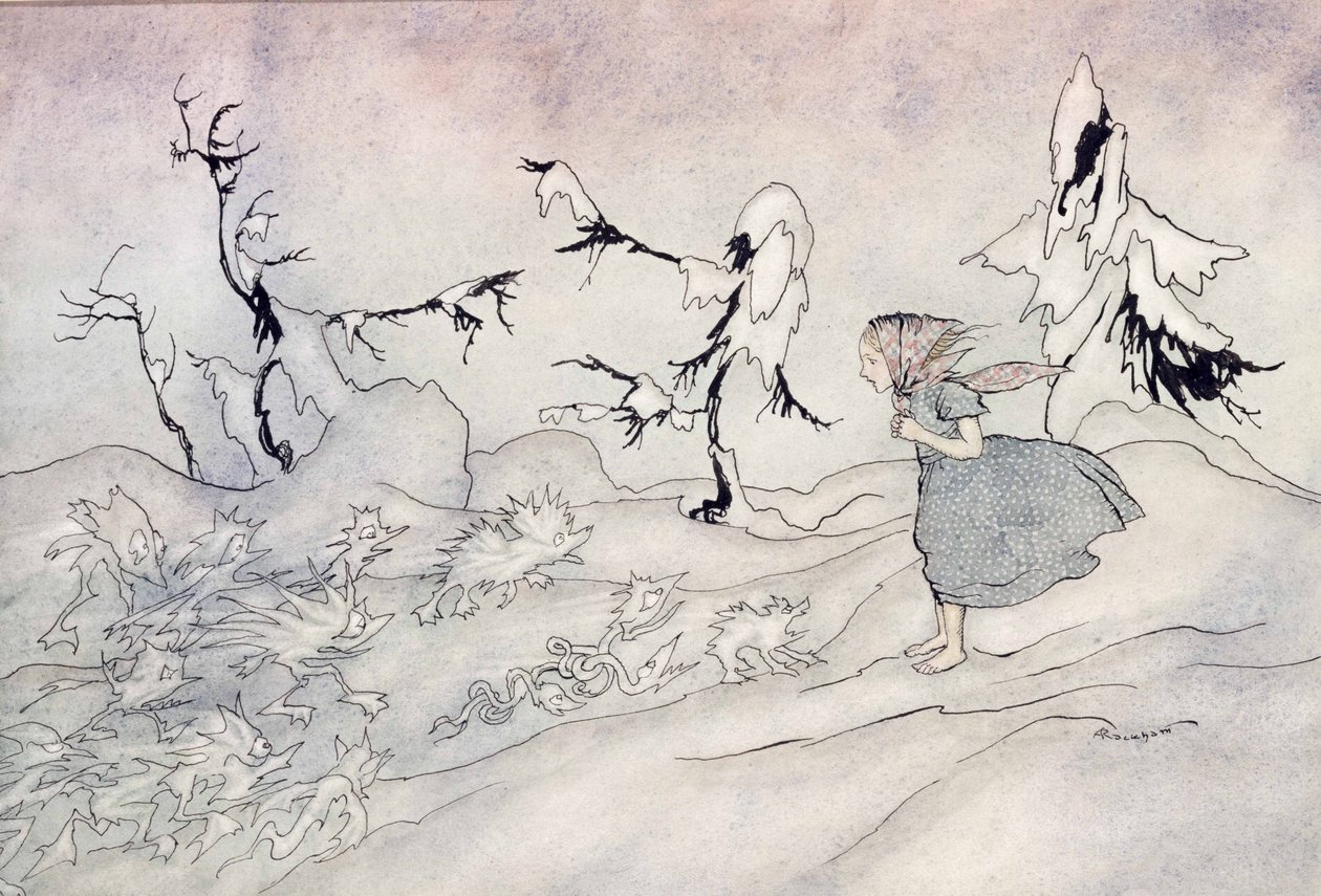 Gerda är livrädd av Snow Queens förskottsvakt, men hon sa Fader vår och räddas av små ljusa änglar, illustration från The Snow Queen av Hans Christian Andersen, publicerad 1932 (wc & i) av Arthur Rackham
