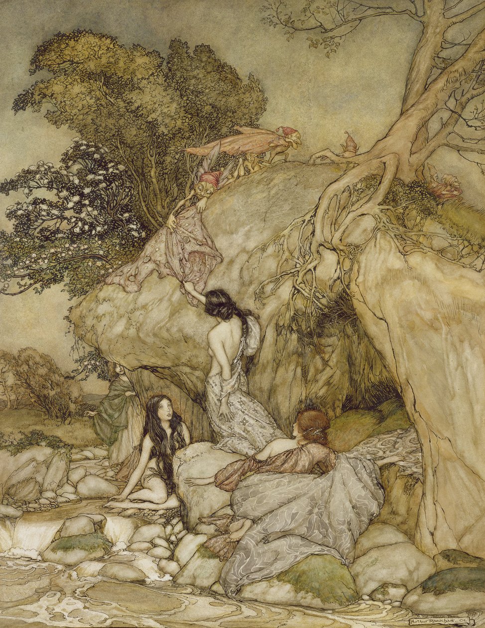 Girls by a Stream, 1906 (penna, bläck och wc) av Arthur Rackham