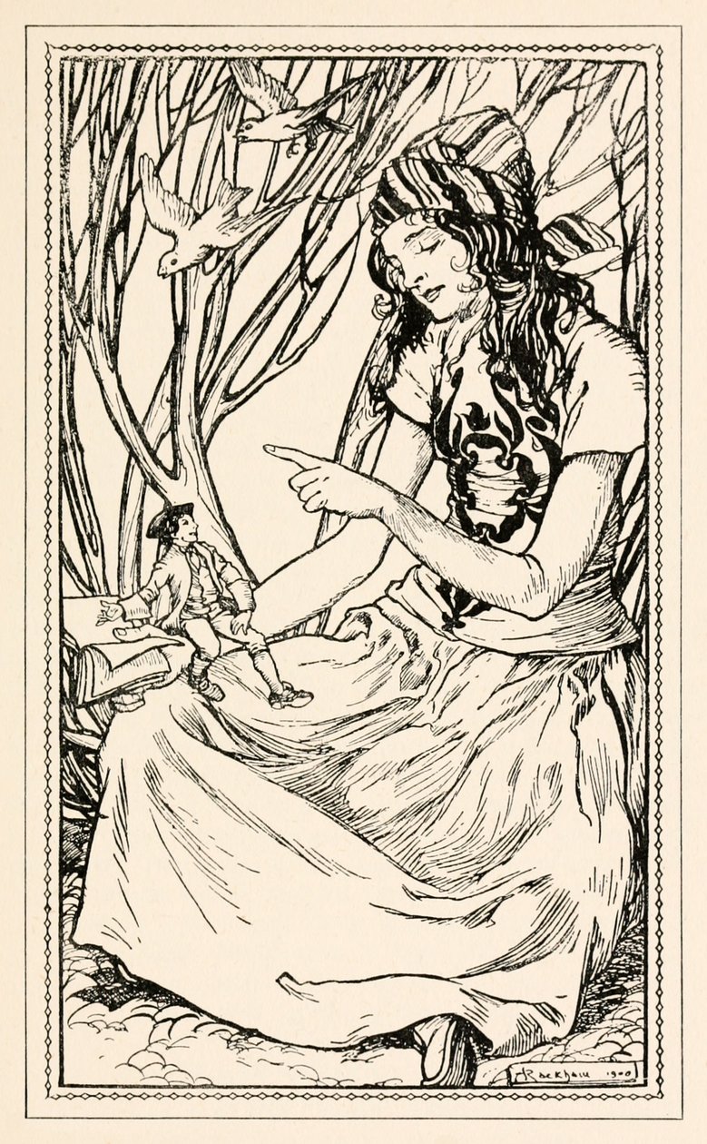Glumdalclitch lär Gulliver att läsa från del II: A Voyage to Brobdingnag in Gullivers Travels av Jonathan Swift av Arthur Rackham