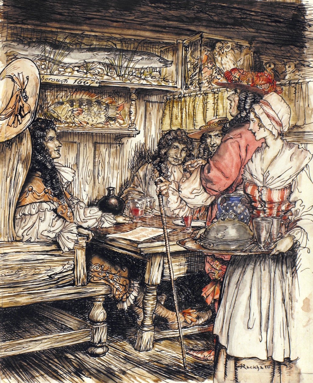 Gå och se på ett av kaffehusen på King Street i Westminster, illustration från The Compleat Angler av Isaac Walton, 1931 (penna & bläck och akvarell på papper) av Arthur Rackham