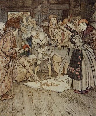 "Guldbitar föll ner på tyget"-illustration till "Tvättbord, gyllene rumpa och goss" från Fairy Tales of the Brothers Grimm av Arthur Rackham