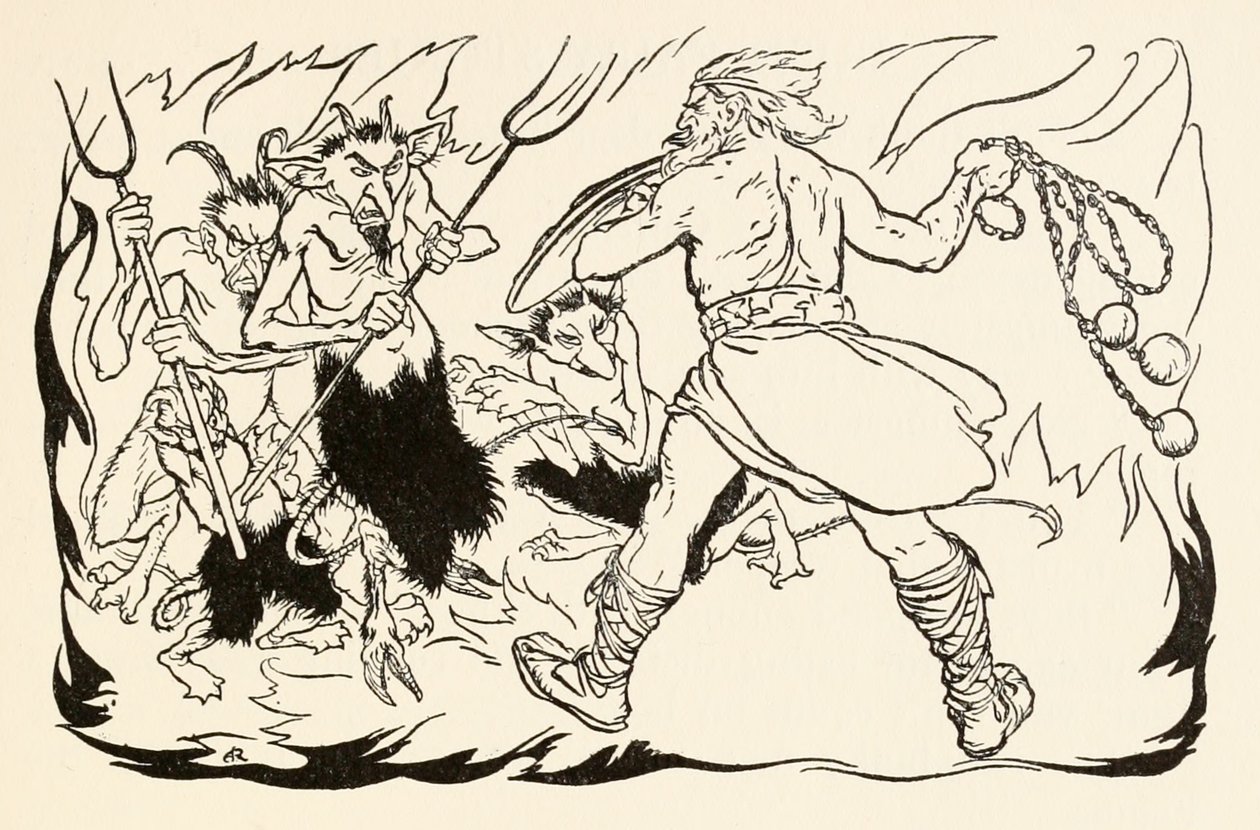 Goll mac Morna anfaller helvetet för att rädda Fionn och Fianna-finnen, från The Little Brawl at Allen i Irish Fairy Tales av Arthur Rackham