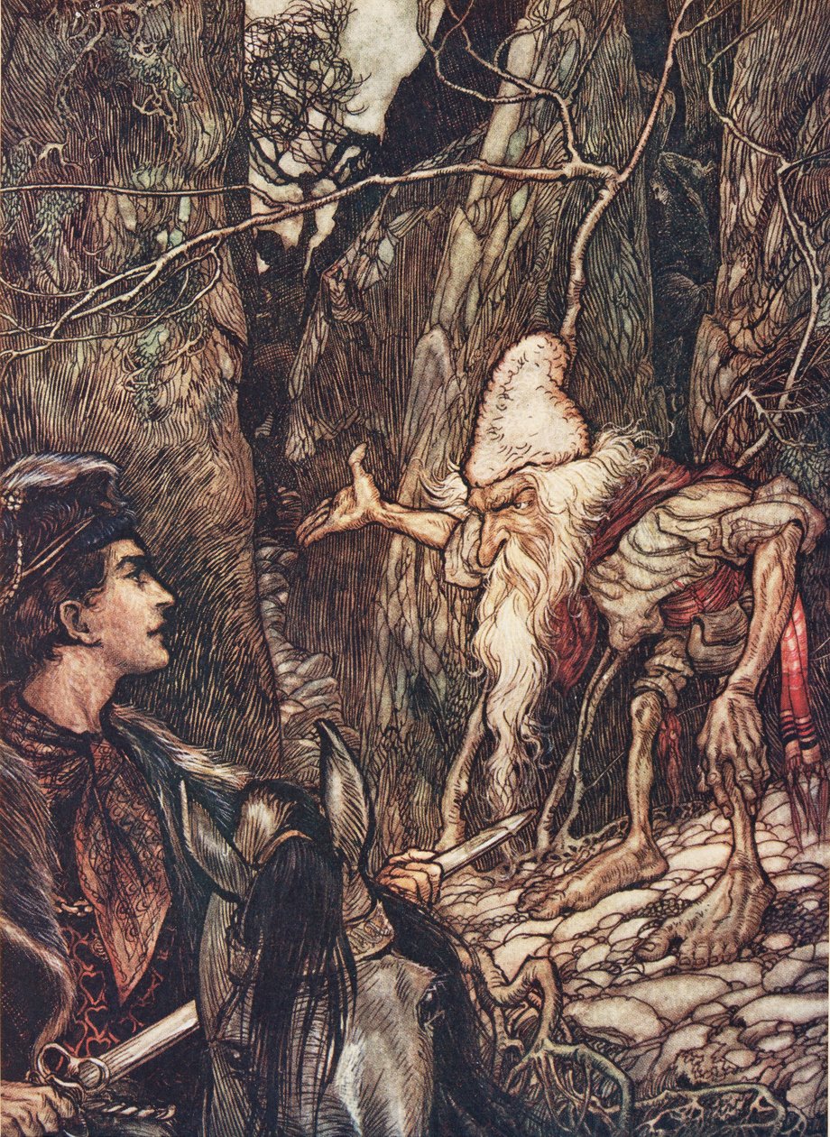 Bra dvärg, kan du inte berätta var mina bröder är? från Sagorna om bröderna Grimm, pub. 1909 av Arthur Rackham