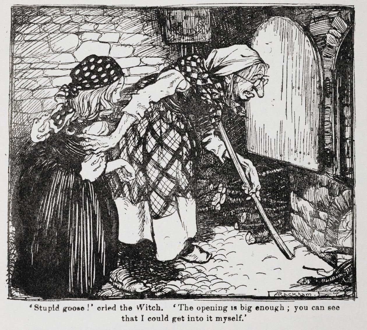 Grethel och den gamla häxan vid ugnen från Hansel och Grethel. av Arthur Rackham