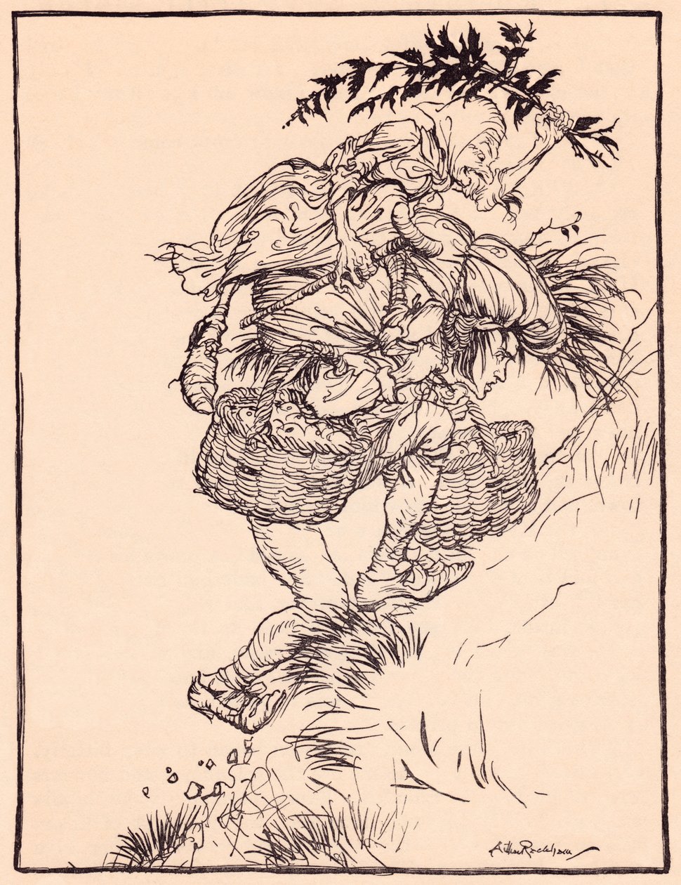 Stönande ständigt klättrade han upp på berget. Illustration av Arthur Rackham från Grimms saga, Gåsflickan vid brunnen. av Arthur Rackham
