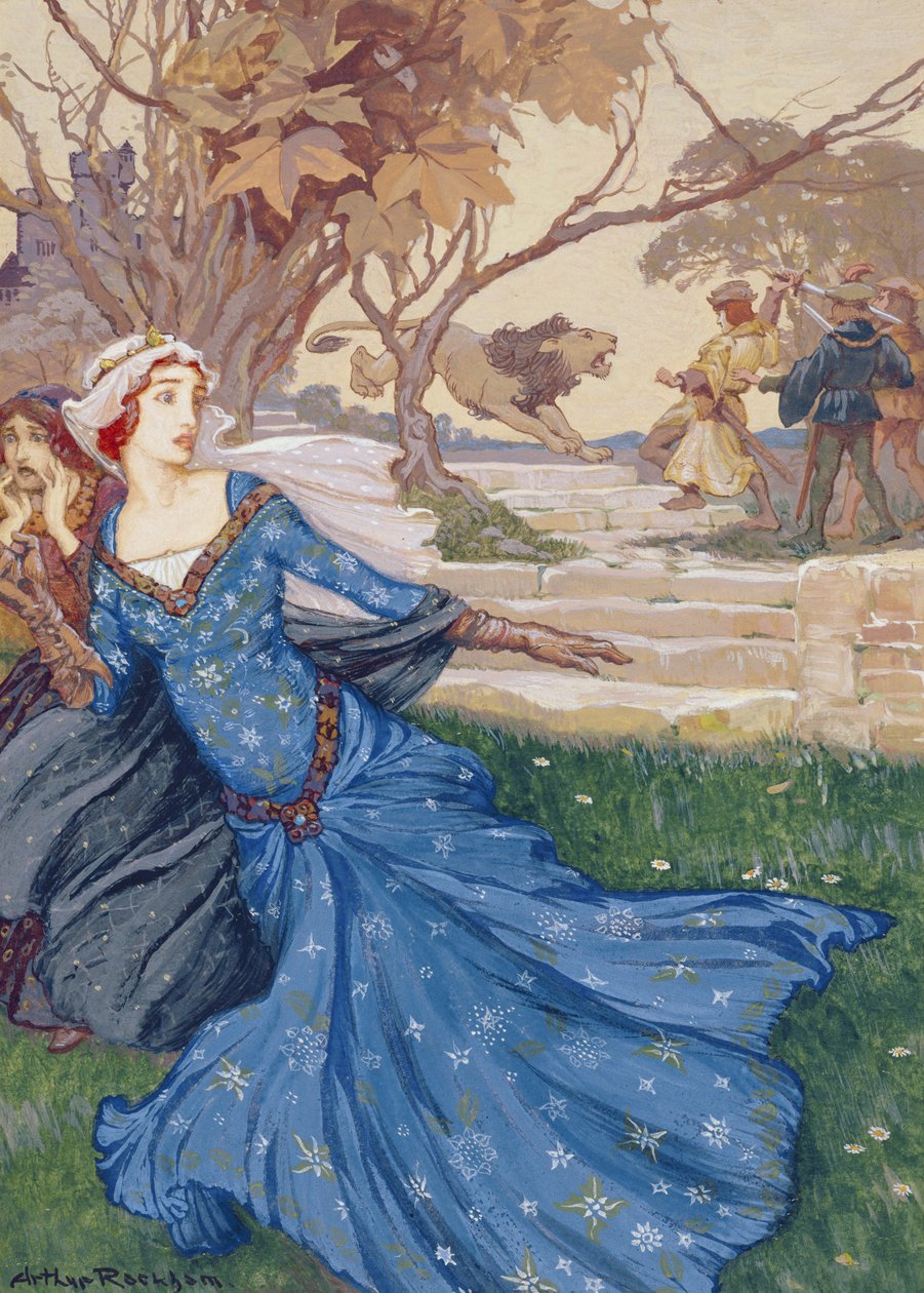 Guinevere Rescued by La Cote Male Taile, illustration från A Collection of Stories from Old Fairy Tales: Grimm, Andersen and Stories of King Arthur, publicerad 1905 (kroppsfärg på papper) av Arthur Rackham