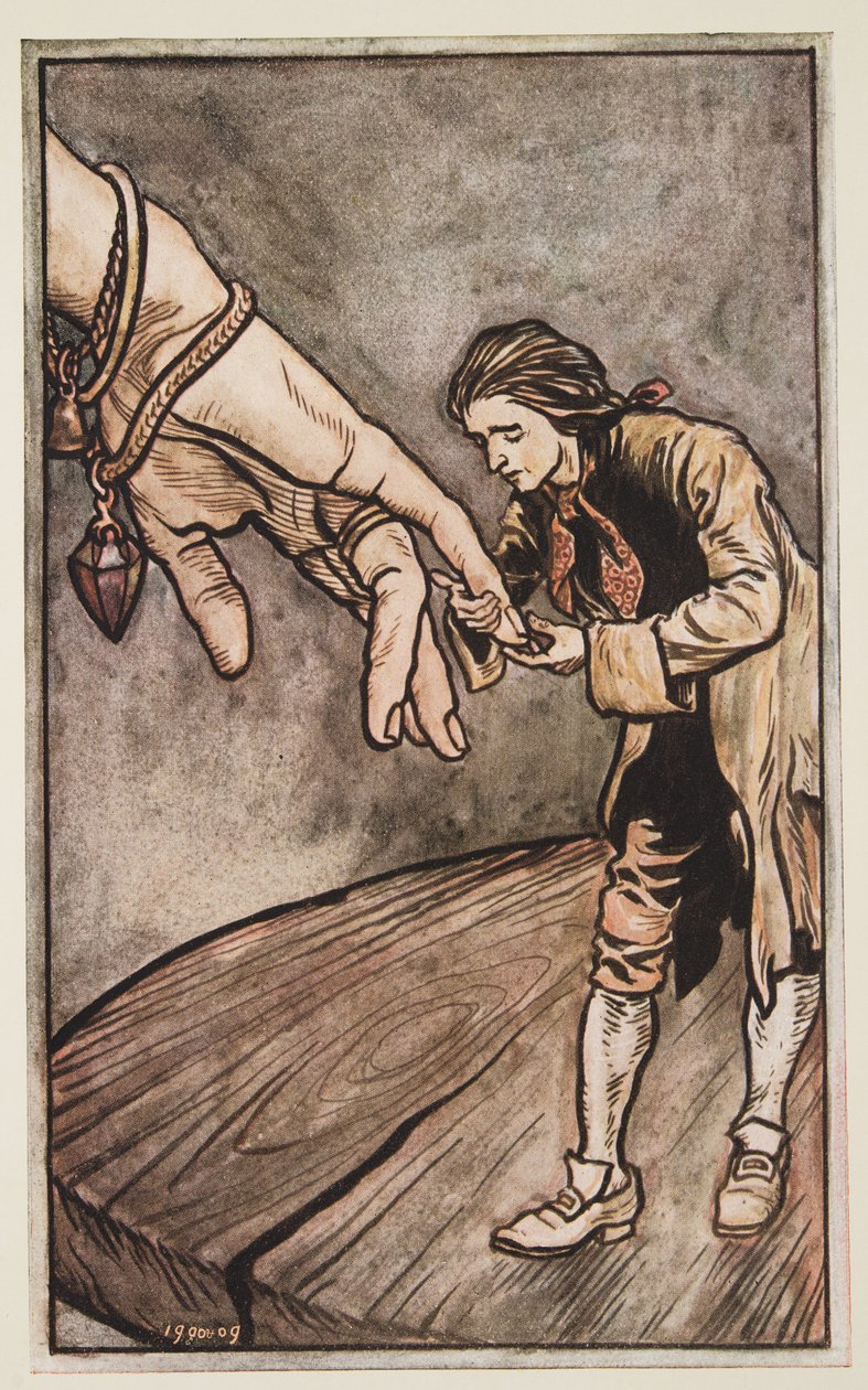 Gulliver kysser drottningen av Brobdingnag som hand, från Gullivers resor av Jonathan Swift (1667 - 1745), pub. 1909 av Arthur Rackham
